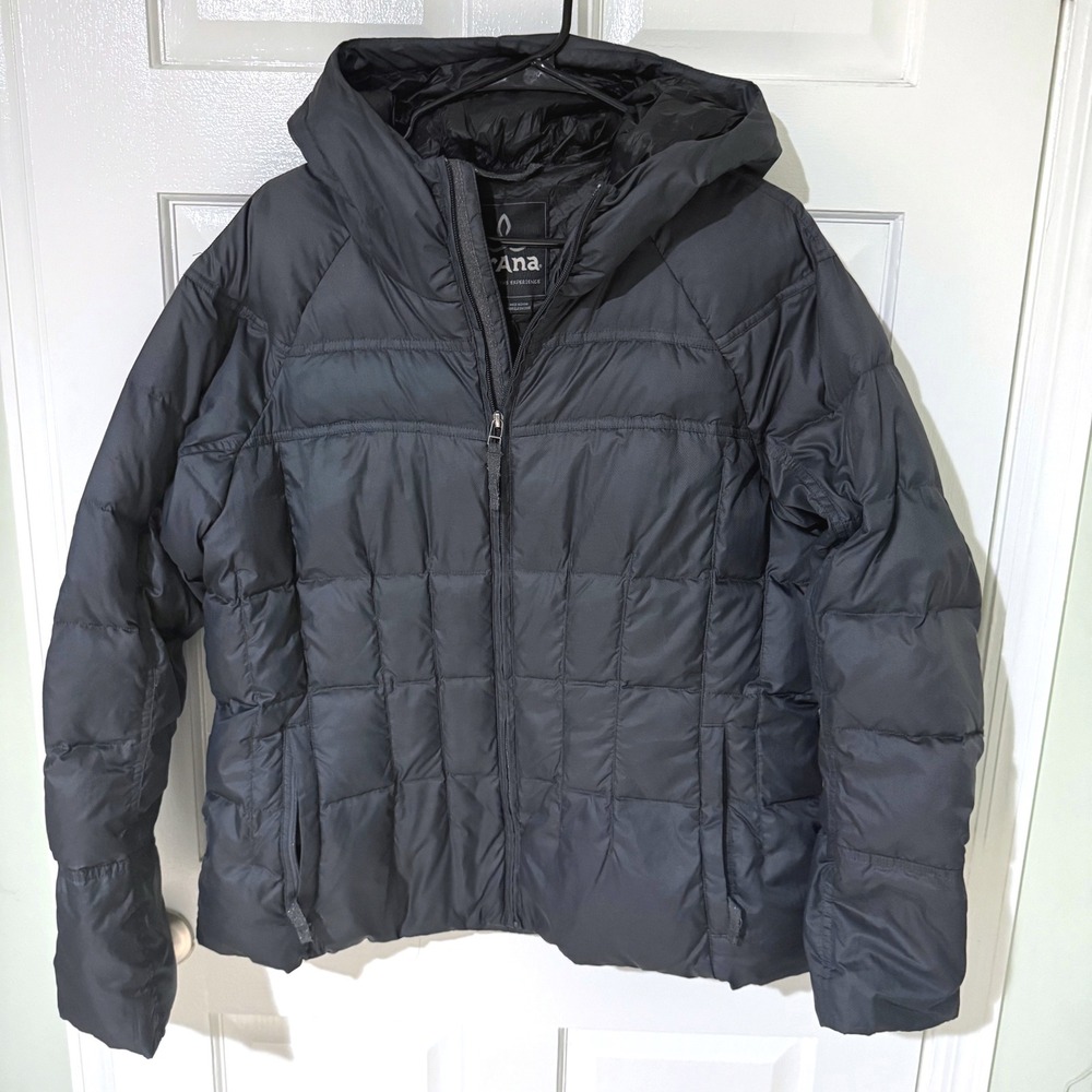 Prana Womens XL Black Hooded Down Puffer Jacket Quilted Full Zip Winter Coat